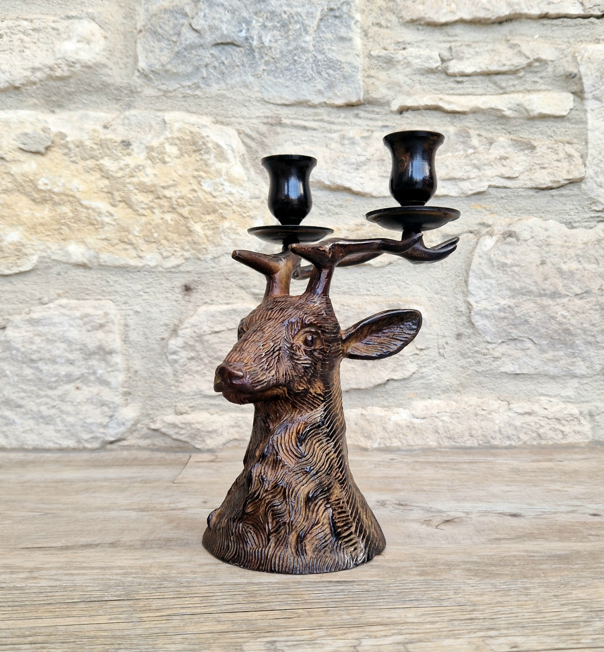Vintage Heavy Patinated Bronze Stag Head Bust Double Candle Holder Table Decor