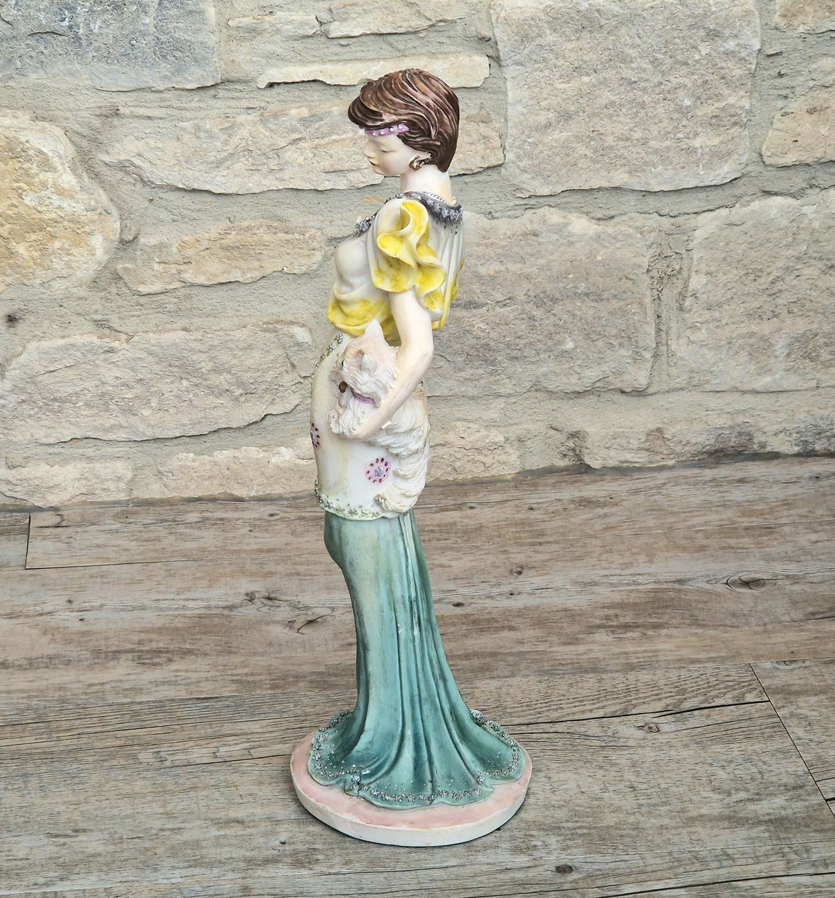 Vintage 14” Art Deco Style Resin Lady Figurine with Cat, Elegance Statue Angelica Collection, 1.46kg Heavy Mantle Sculpture 36cm