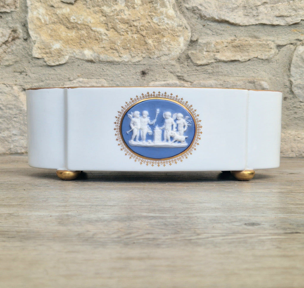 Vintage Vista Alegre Footed Centerpiece, White and Gold Porcelain Scalloped Planter Bowl Blue Jasperware Cherub Cameo