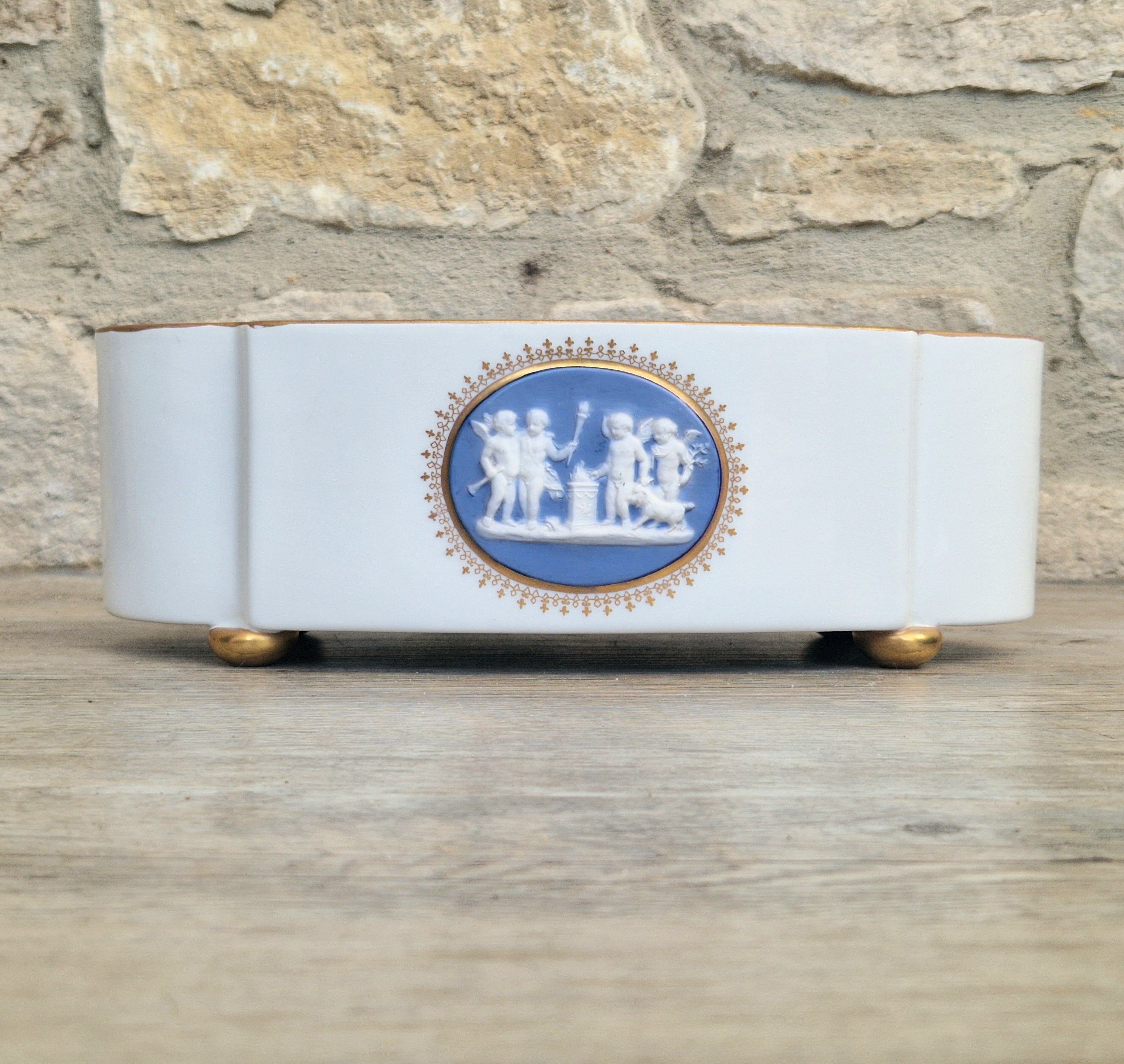 Vintage Vista Alegre Footed Centerpiece, White and Gold Porcelain Scalloped Planter Bowl Blue Jasperware Cherub Cameo