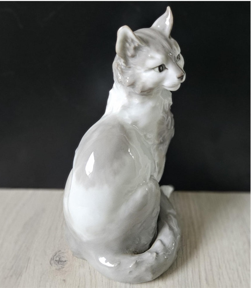 Vintage Cat Ornament Grey White Glazed Porcelain Sitting Cat Pointy Ears 8" Tall