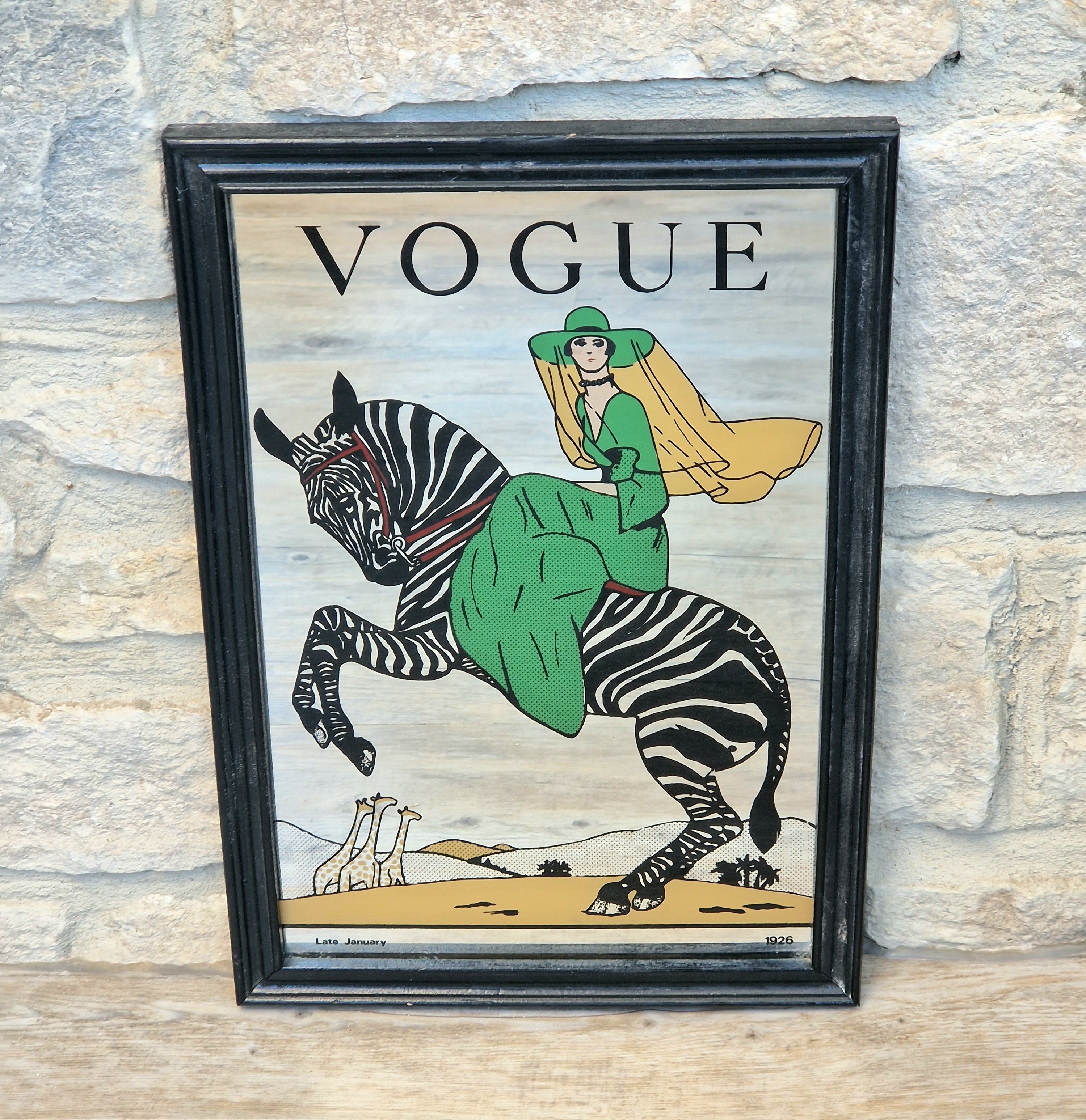 Vintage 1970s Art Deco Vogue Mirror Framed Zebra Fashion Magazine Cover Wall Decor Sign