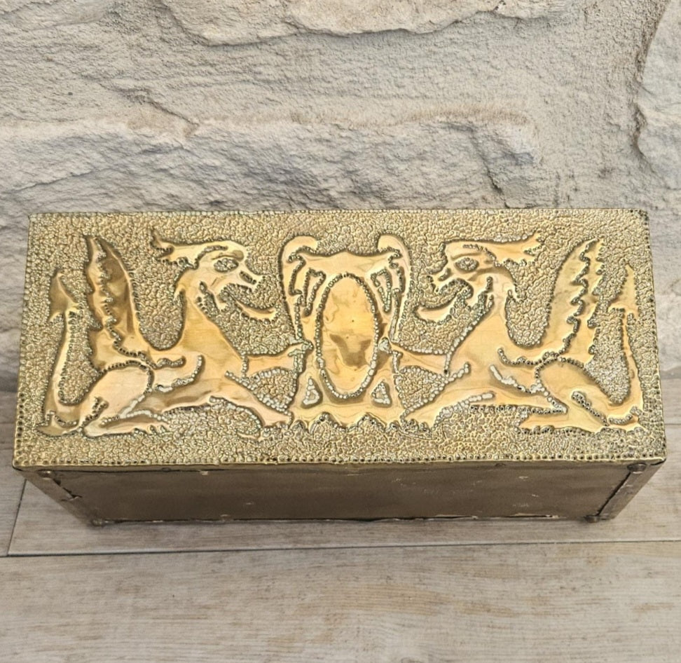Arts and Crafts Letter Holder Brass and Wood Celtic Dragons England