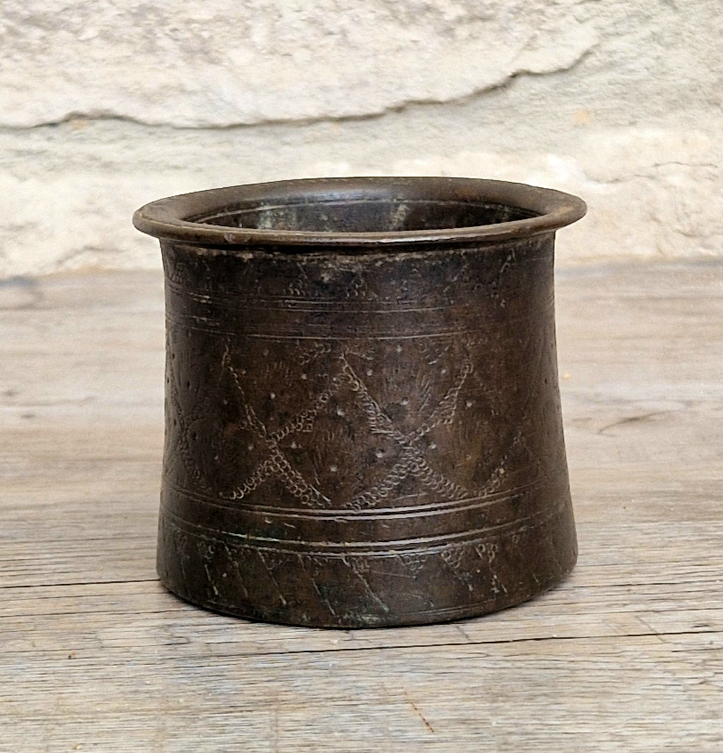 Antique 19thC Indian Bronze Panchpatra Holy Water Cup Heavy Cast Ritual Puja Pot 383g