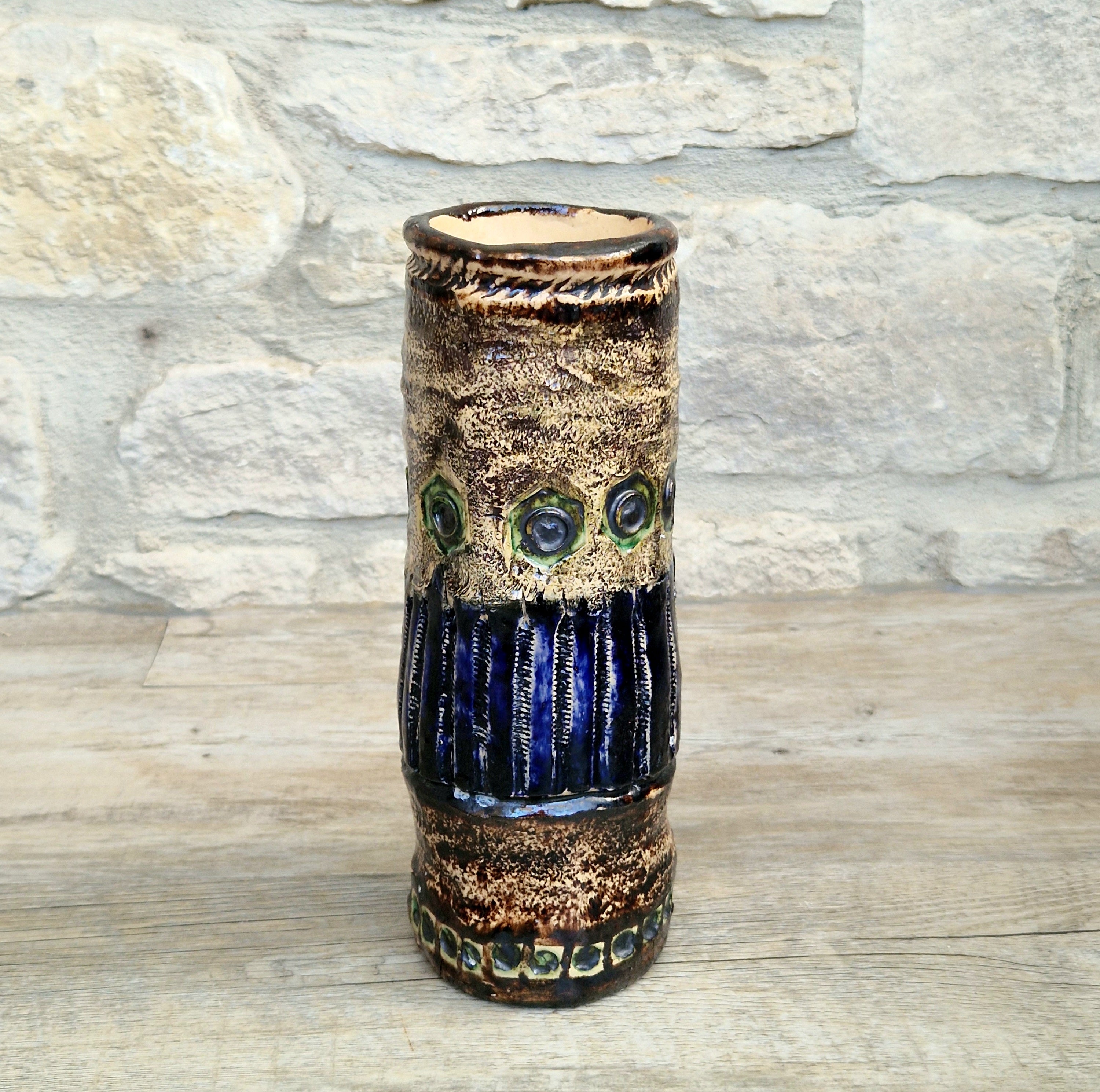 Vintage 1970s Cornish Brutalist Wheel Thrown Studio Pottery Blue Green Hexagon Medallion Ceramic Vase