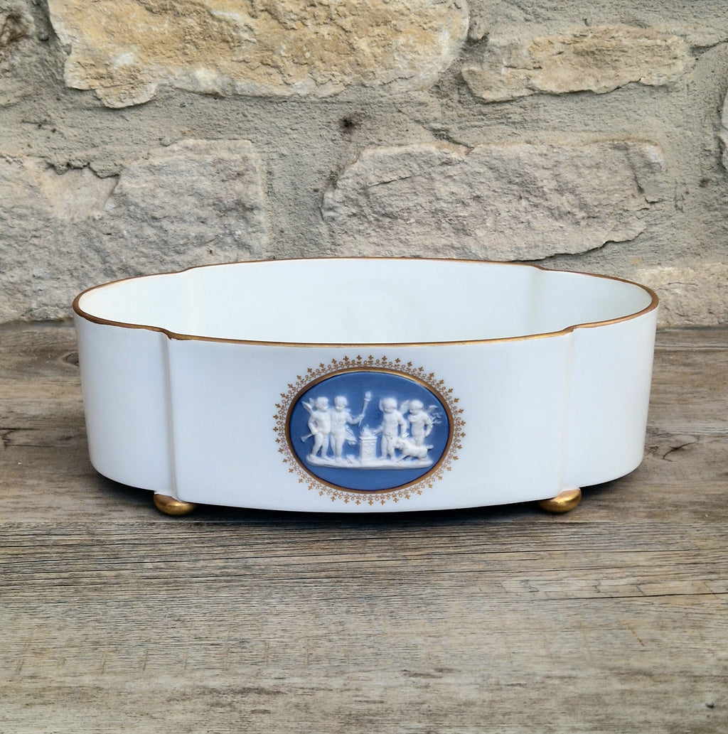 Vintage Vista Alegre Footed Centerpiece, White and Gold Porcelain Scalloped Planter Bowl Blue Jasperware Cherub Cameo