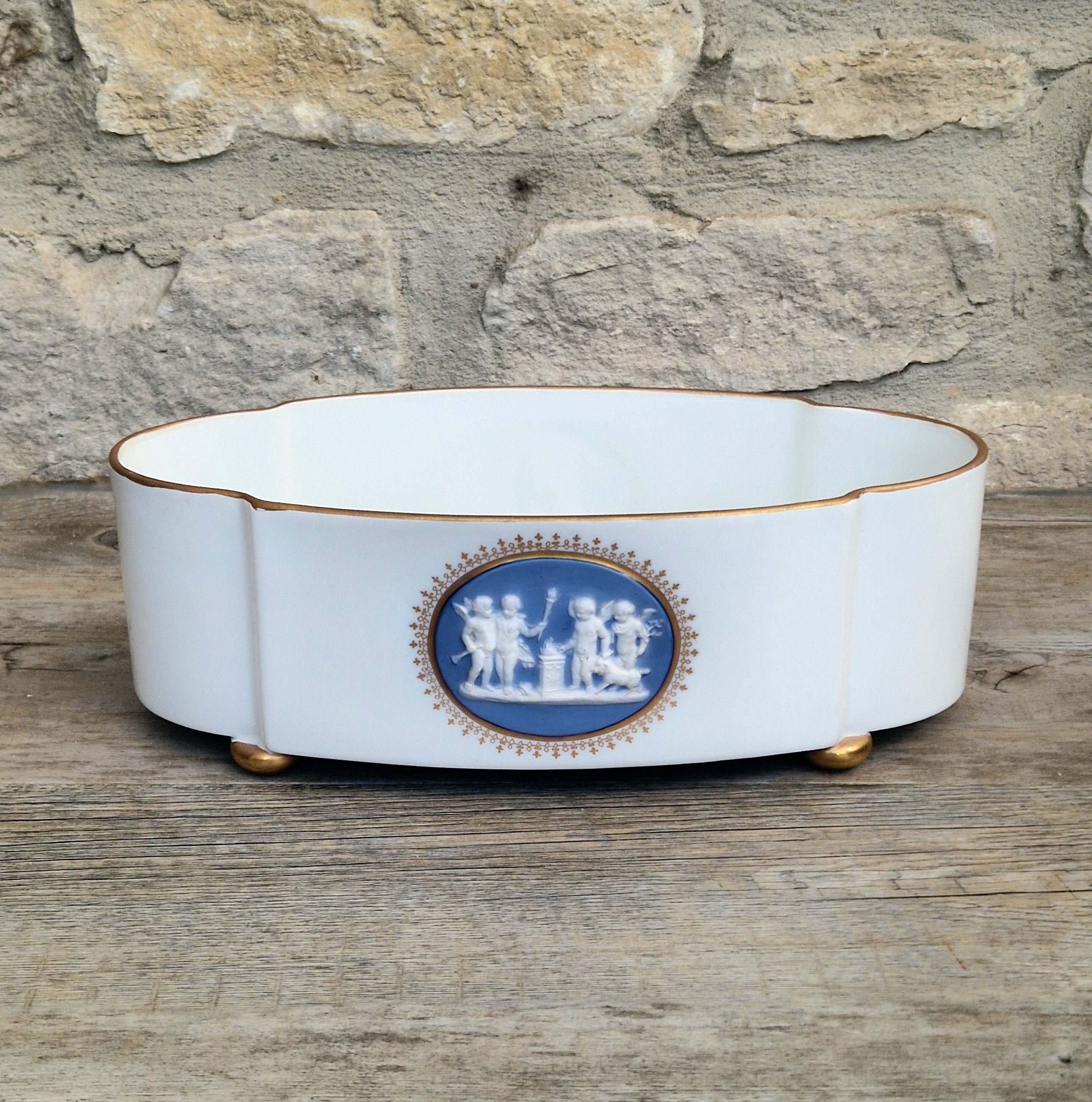 Vintage Vista Alegre Footed Centerpiece, White and Gold Porcelain Scalloped Planter Bowl Blue Jasperware Cherub Cameo
