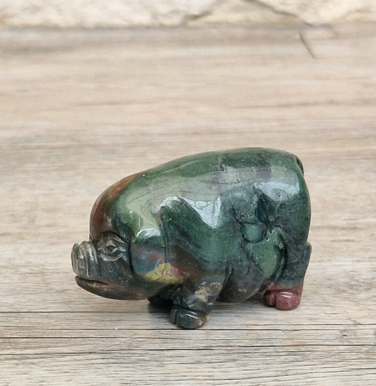 Vintage Fine Carved Moss Agate Standing Pig Figure Ornament 6.3cm