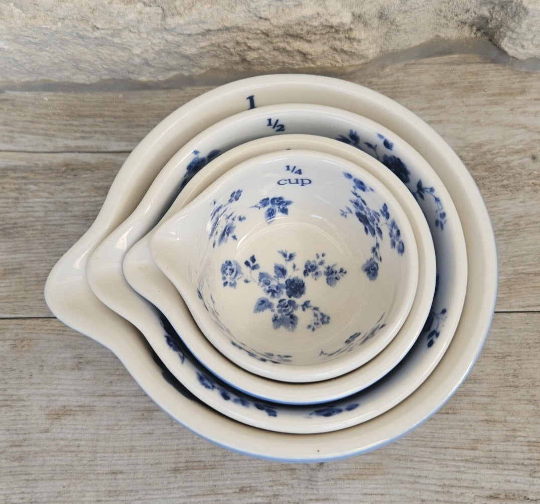 Laura Ashley Ceramics Measuring Cups Petite Fleur Blue White Floral Nesting Set x4 Kitchen