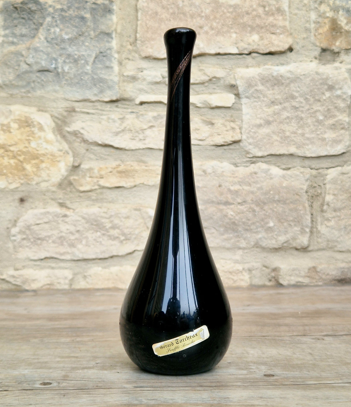 Gérard Torcheux Midcentury Amethyst Black Glass Teardrop Vase French Studio Glass Original Label. 1970s