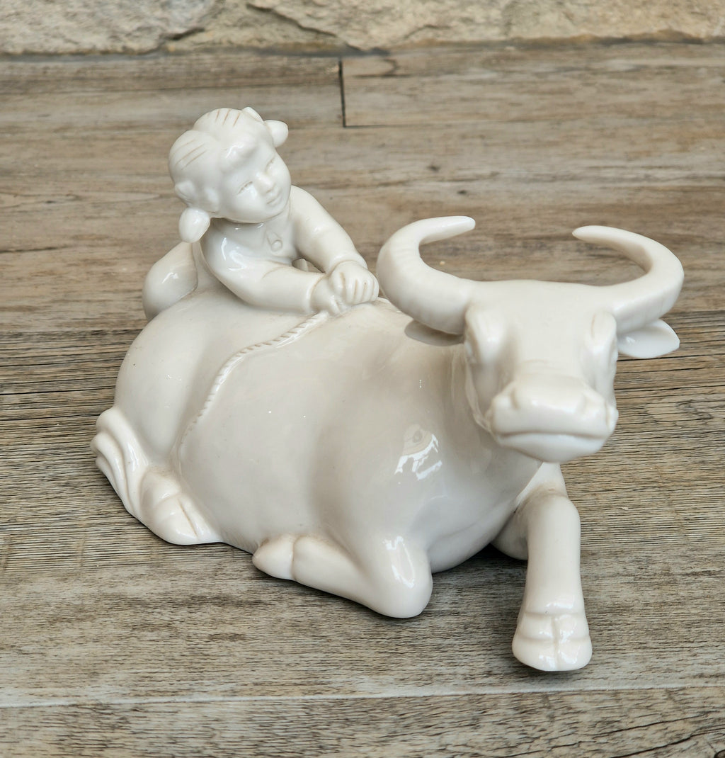 Vintage Chinese Blanc De Chine Porcelain Figurine Girl Riding Water Buffalo Ox Ceramic Home Ornament