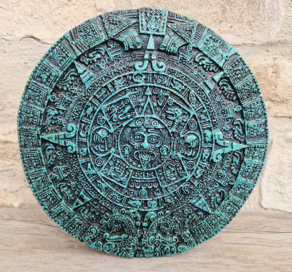 Vintage Green Malachite Composite Aztec Sun Stone Calendar Stone Wall Plaque