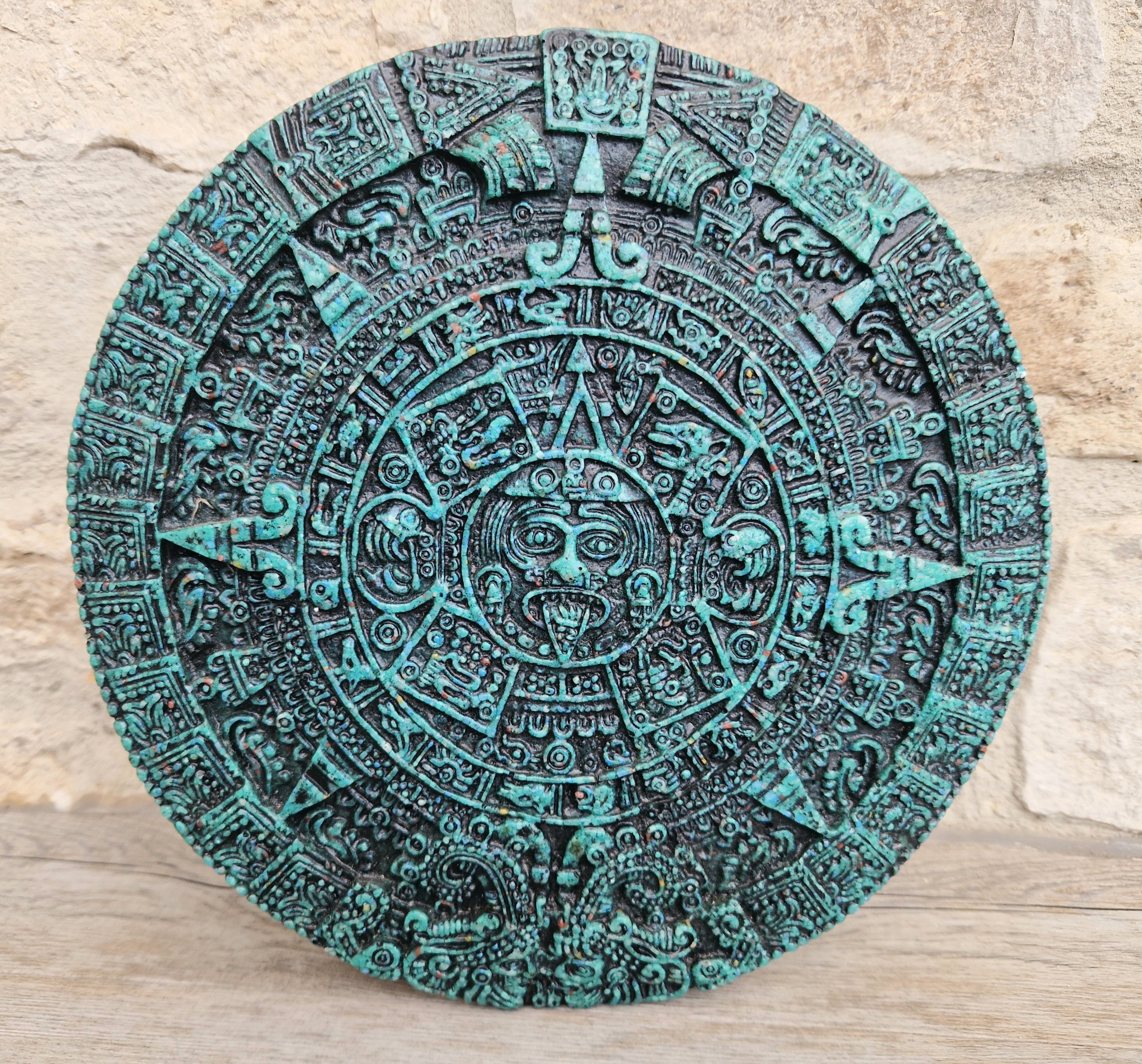 Vintage Green Malachite Composite Aztec Sun Stone Calendar Stone Wall Plaque
