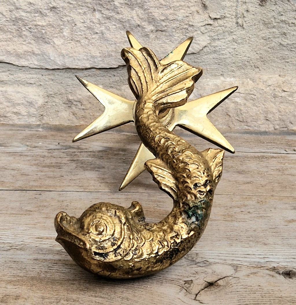 Vintage Heavy Cast Brass Maltese Cross & Dolphin Door Knocker 1950's