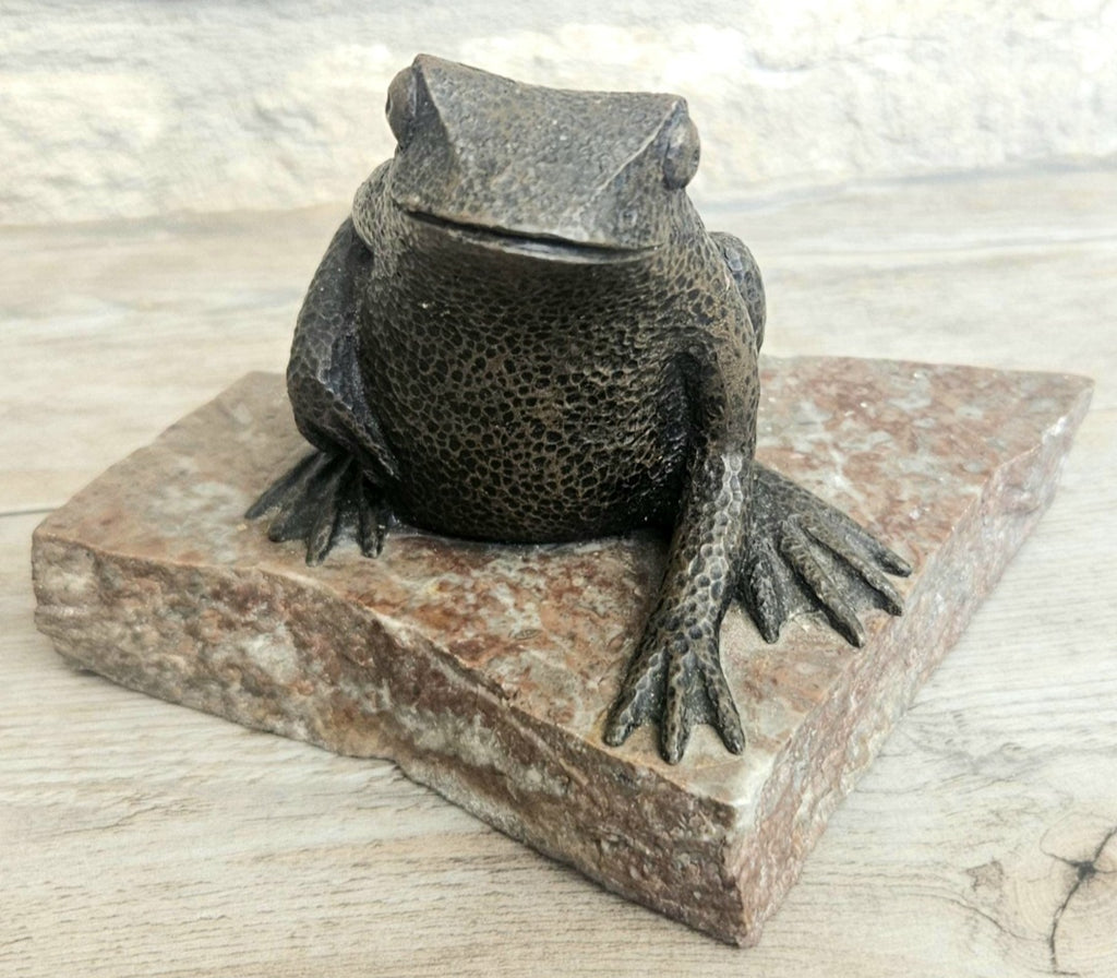 Vintage Metal Toad Figure On Granite Stone Plinth