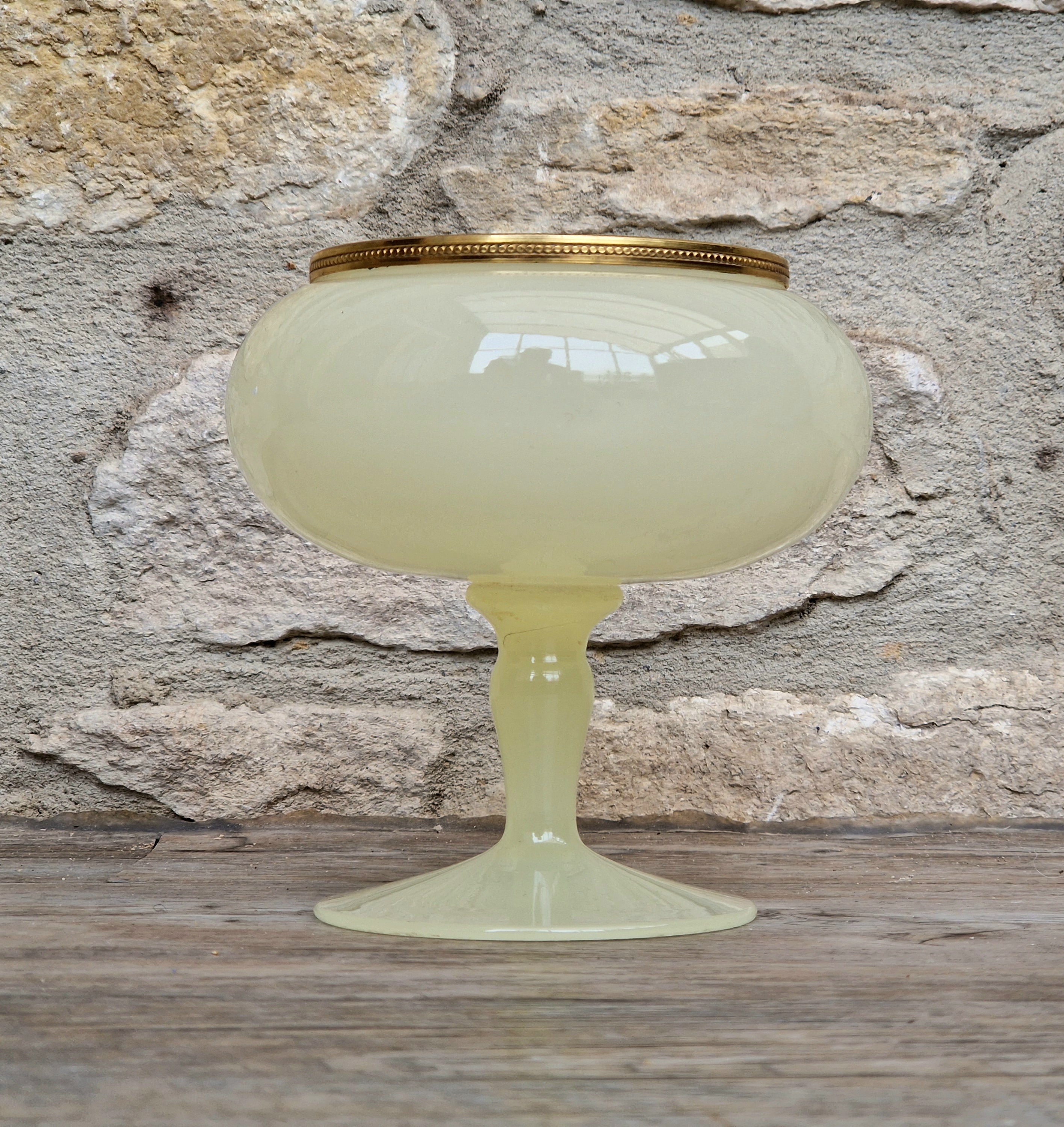 Vintage Italian Opaline Green Glass by Vincenzo Nason 1950s Hand Blown Gilt Rim Pedestal Candy Dish