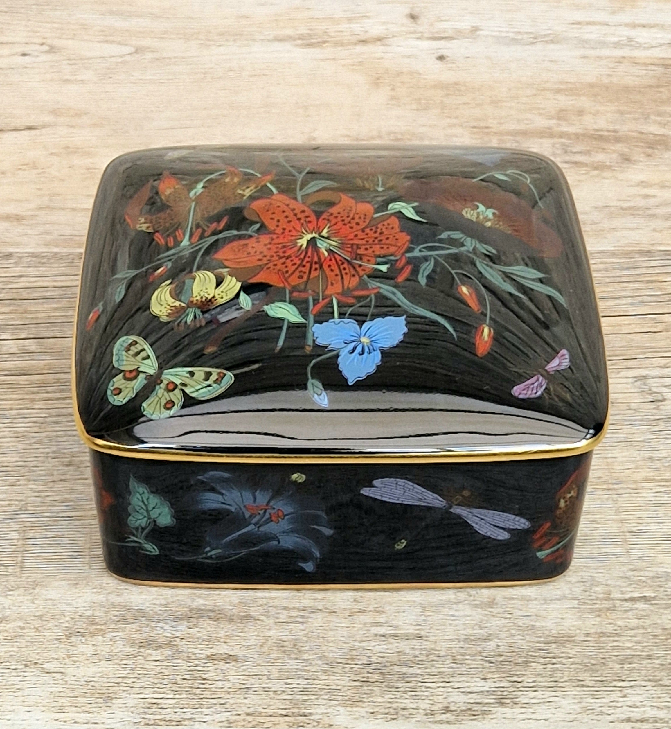 Vintage 1970's Bernardaud Gucci Limoges Porcelain Box in "Flora Noir" Print By The Artist Vittorio Accornero. Very Rare. Mint Condition.
