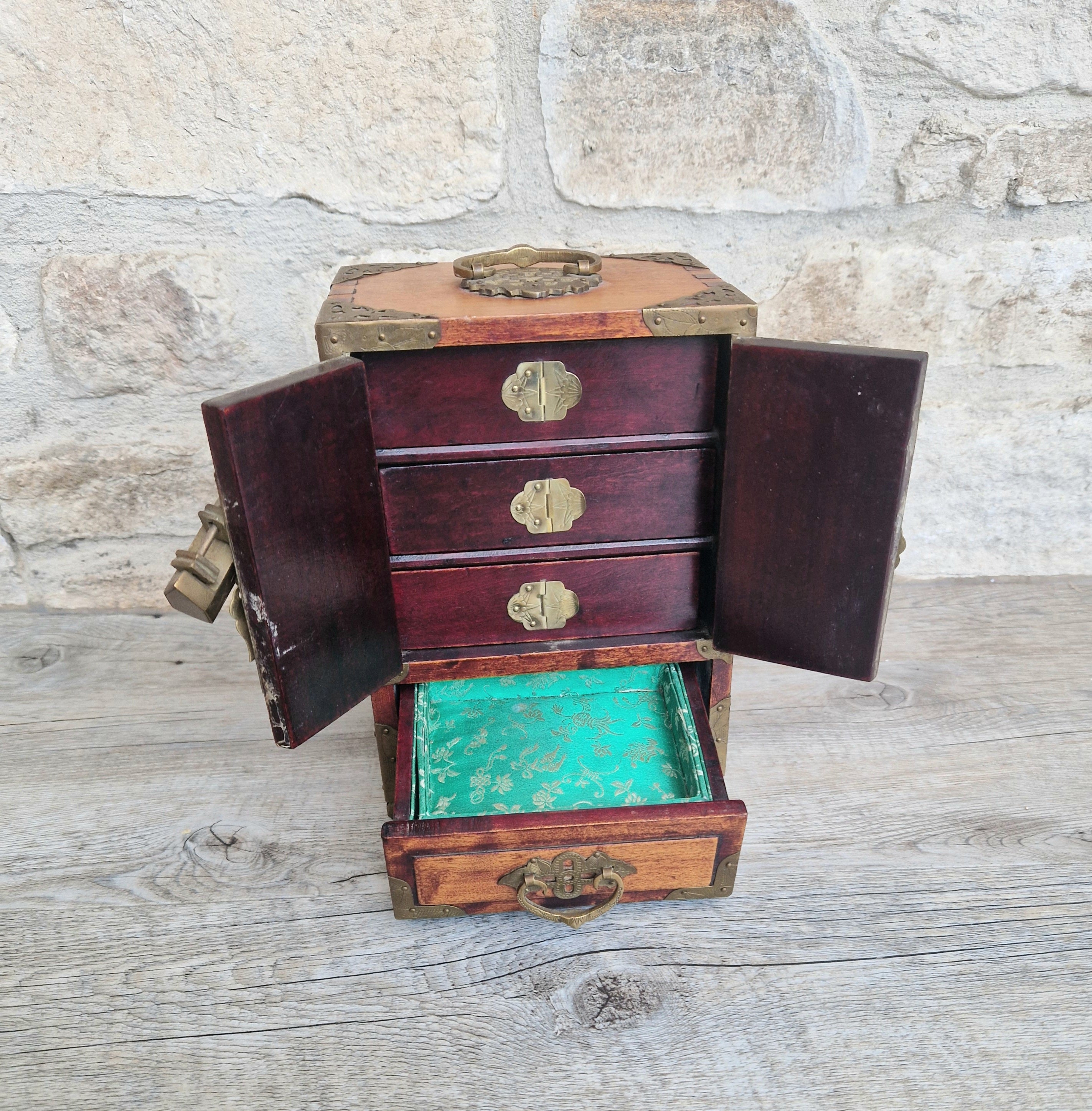 Vintage Hardwood Brass Bound Oriental Hand-Painted Chinoiserie Dragons Footed Jewellery Box Chest 1940s
