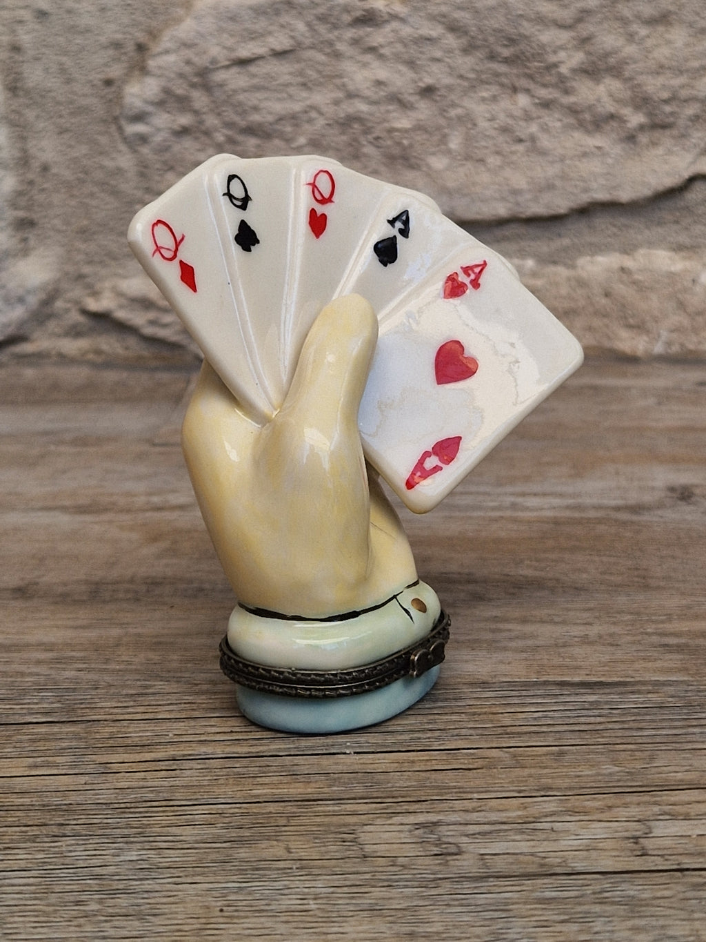 Vintage Rare Limoges Ceramic Poker Hand Full House Card Trinket Pill Box Casino
