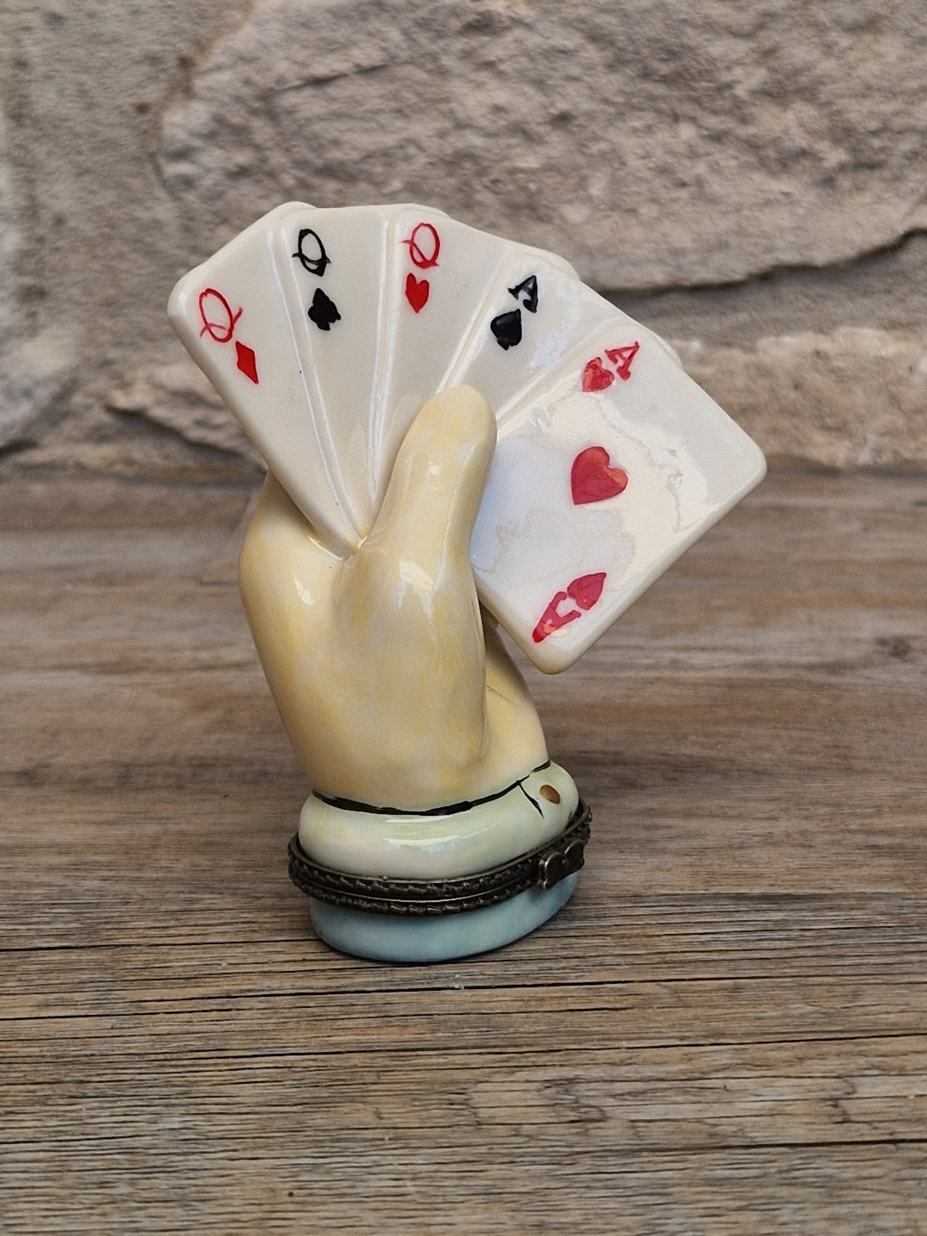Vintage Rare Limoges Ceramic Poker Hand Full House Card Trinket Pill Box Casino