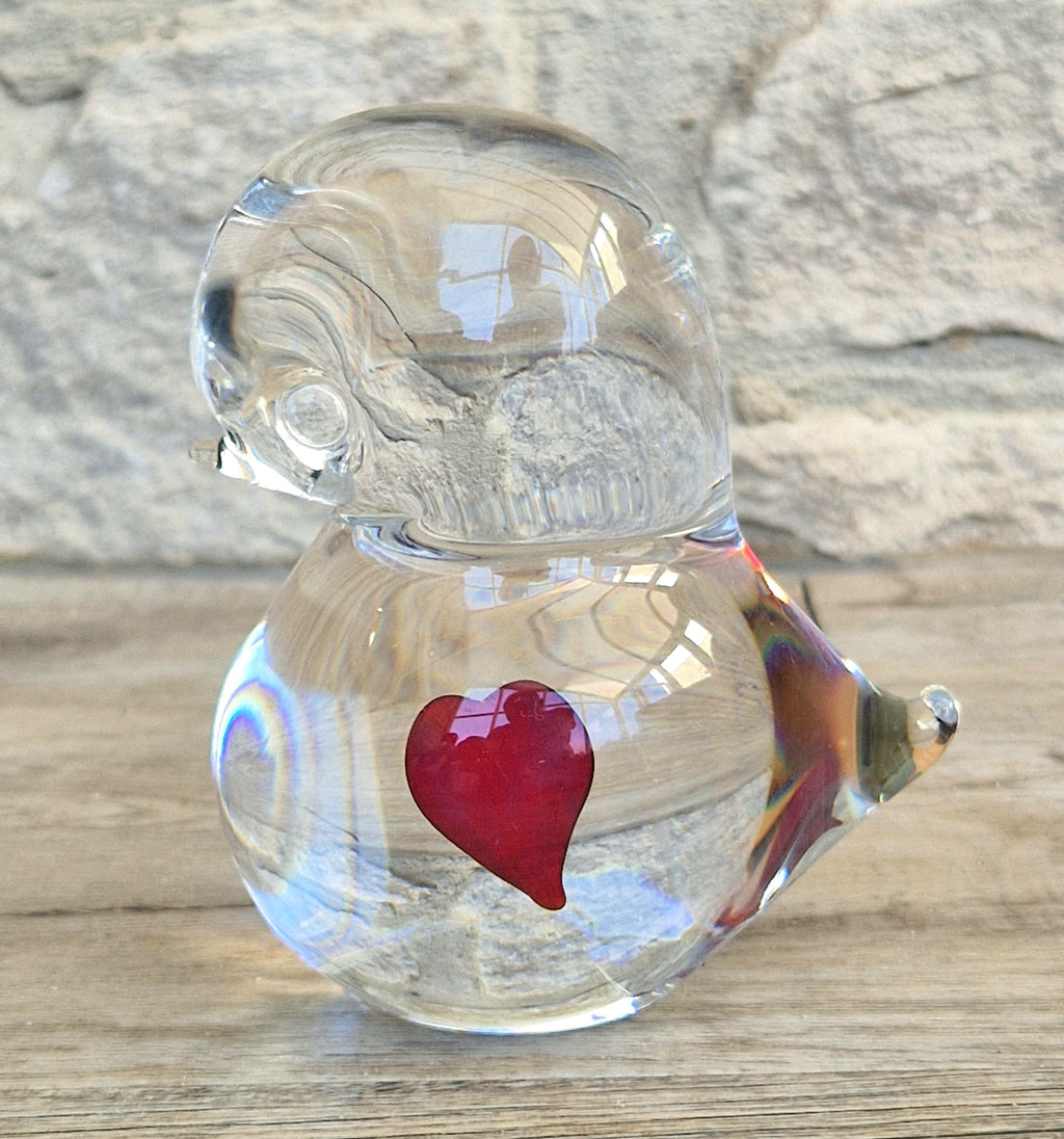 Art Glass Stylised Duckling Shaped Clear Glass With Embedded Red Heart Paperweight Ornament