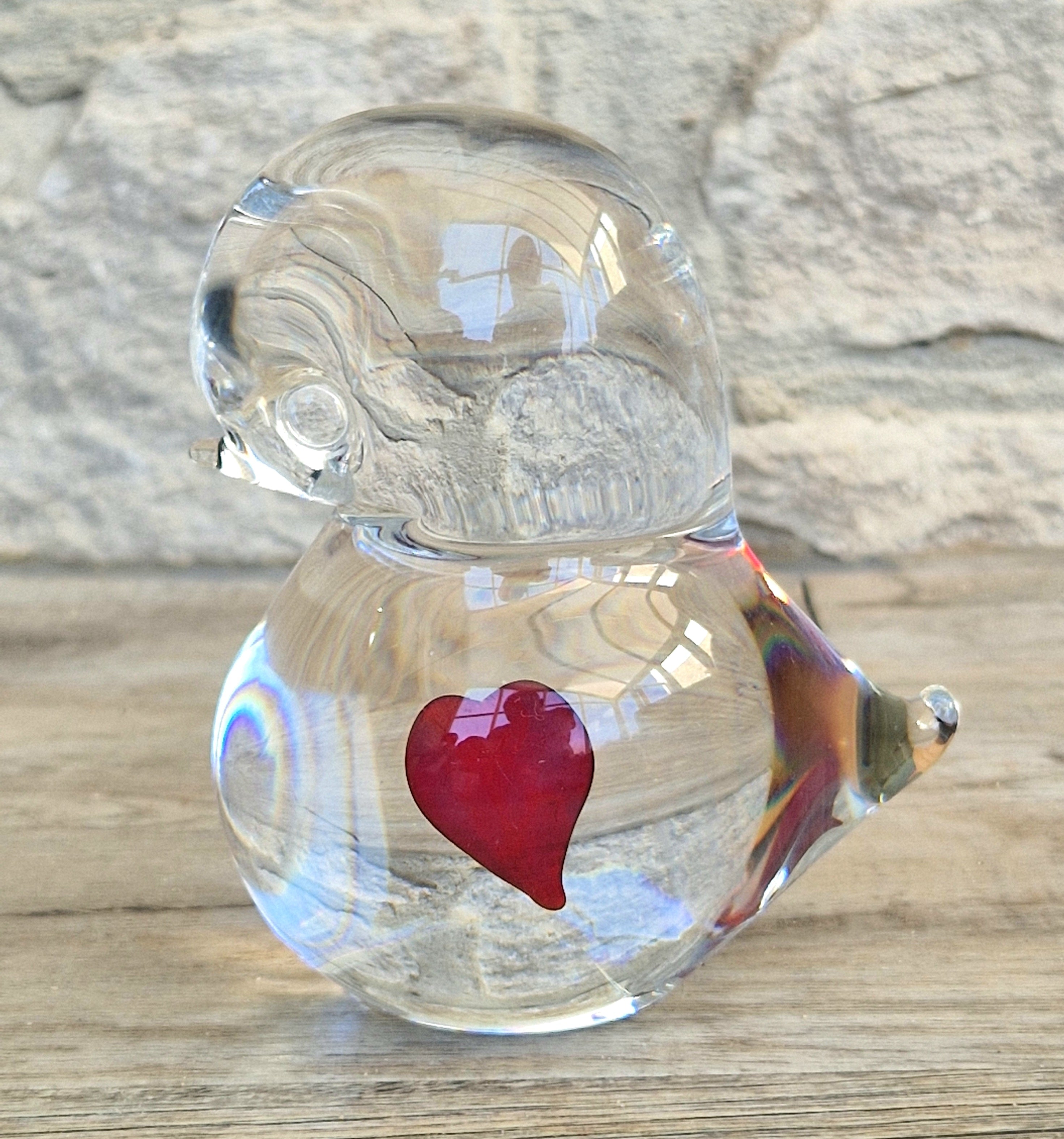Art Glass Stylised Duckling Shaped Clear Glass With Embedded Red Heart Paperweight Ornament