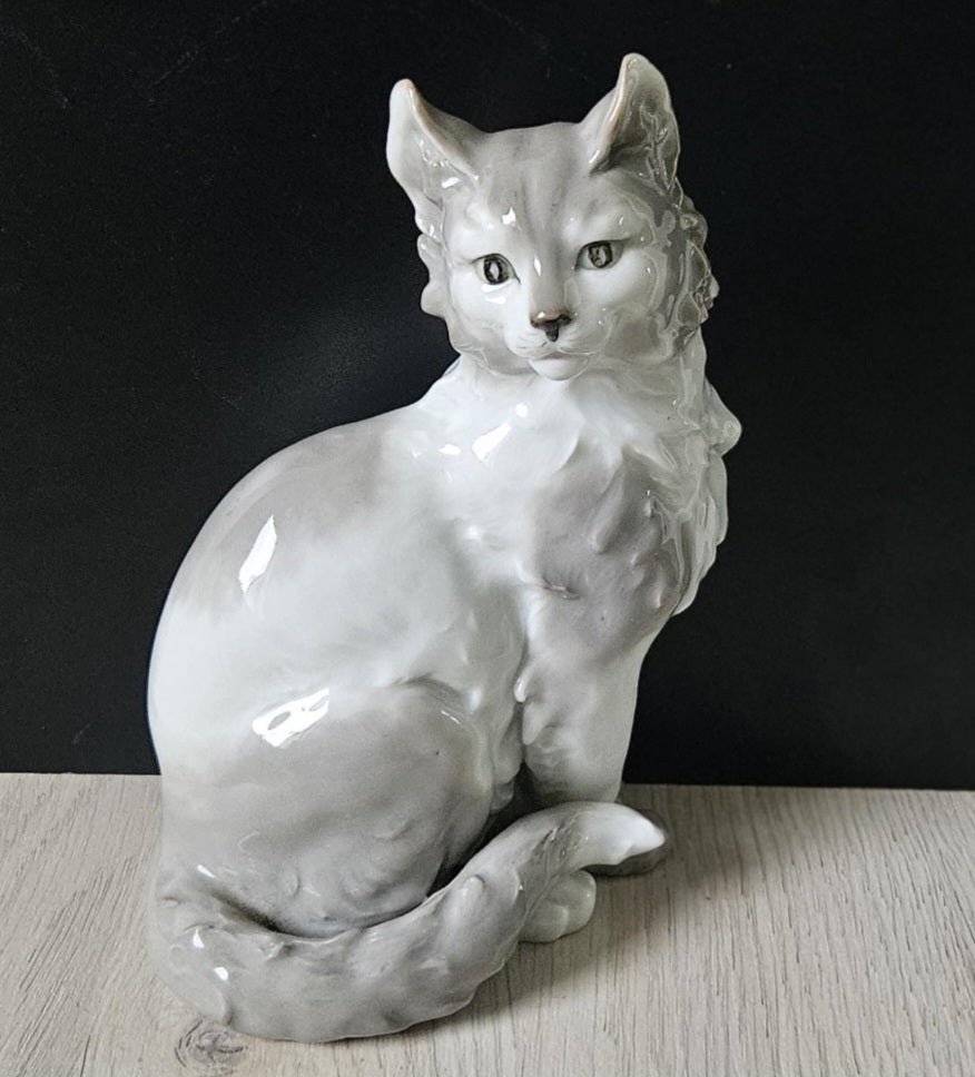 Vintage Cat Ornament Grey White Glazed Porcelain Sitting Cat Pointy Ears 8" Tall