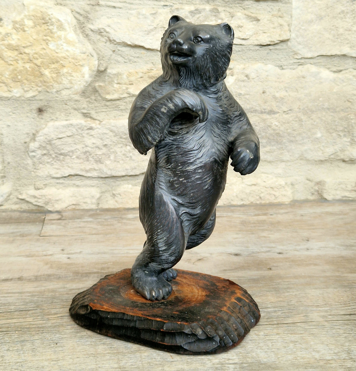 Cast Spelter Standing Bear Sculpture On Rustic Wood Base Rare Antique Art Deco