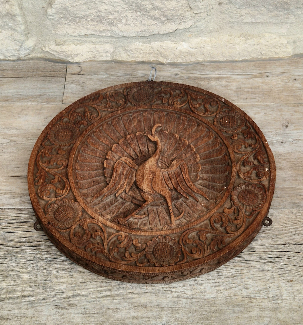 19th c. Colonial Anglo-Indian Hand-Carved Teak Wood Dancing Peacock Disc Panel 30cm
