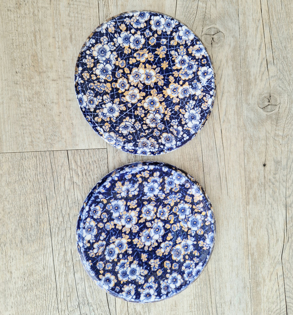 Pair of Rare Antique Trivets Gilt Blue & White Hawthorn Pattern Round Stoneware Trivets 17cm