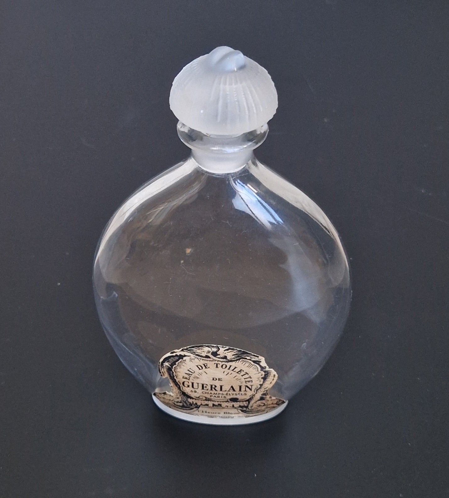 Guerlain Glass Perfume Bottle Dolphin Paper Label Frosted Stopper L'Heure Bleue 'Flacon Goutte' Empty 16.5cm