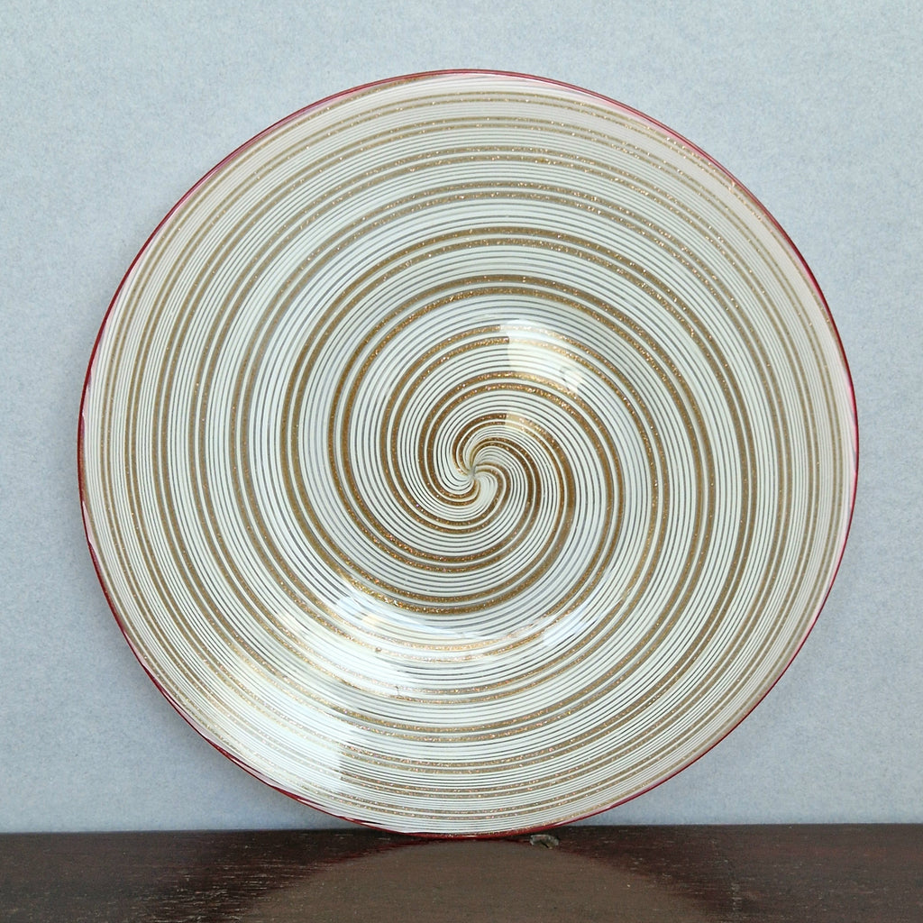 Antique Salviati Murano Glass Plate, Mezza Filigrana, Copper Aventurine, Red Rim, Venetian, c.1860–1872, 17.8cm, Rare Collectable