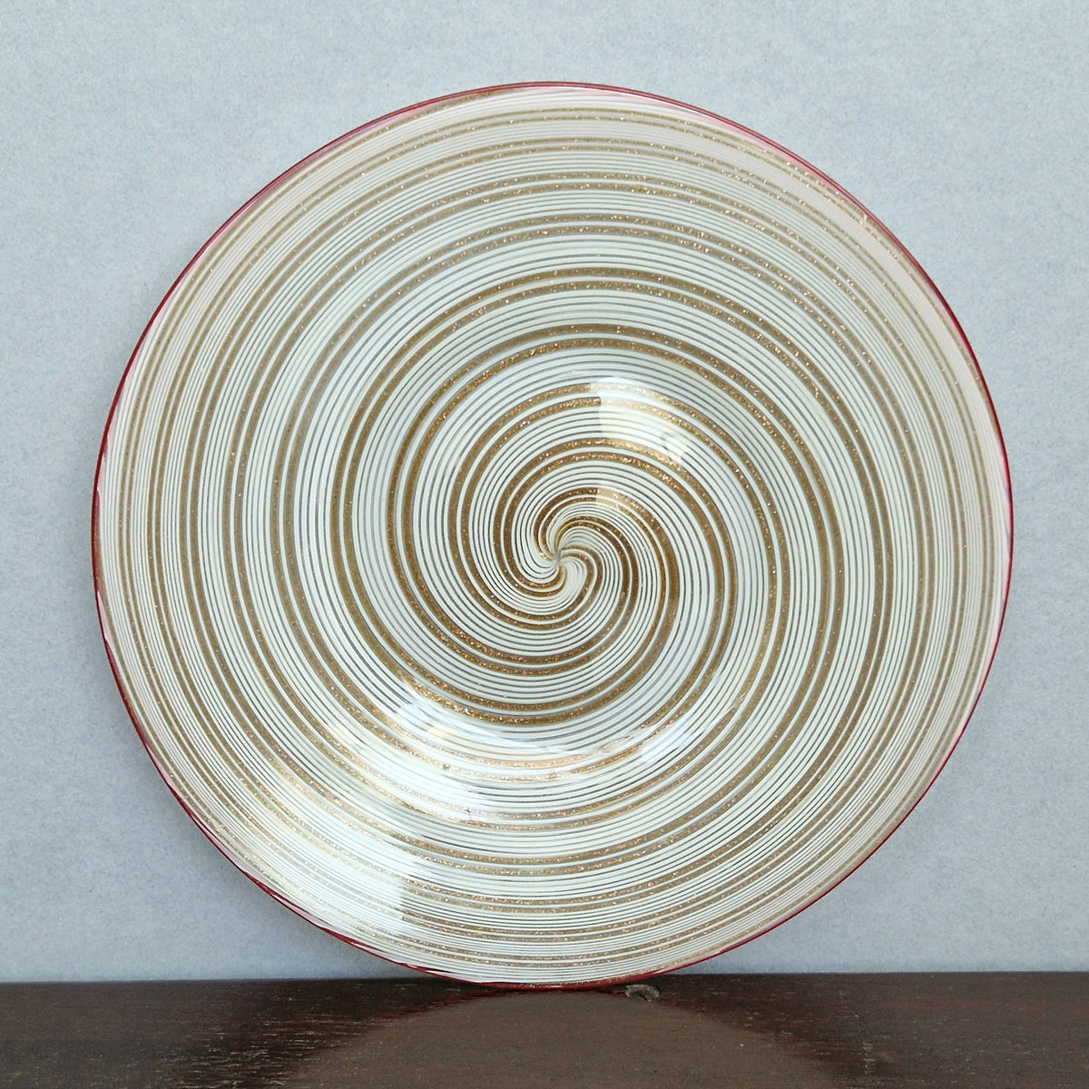 Antique Salviati Murano Glass Plate, Mezza Filigrana, Copper Aventurine, Red Rim, Venetian, c.1860–1872, 17.8cm, Rare Collectable