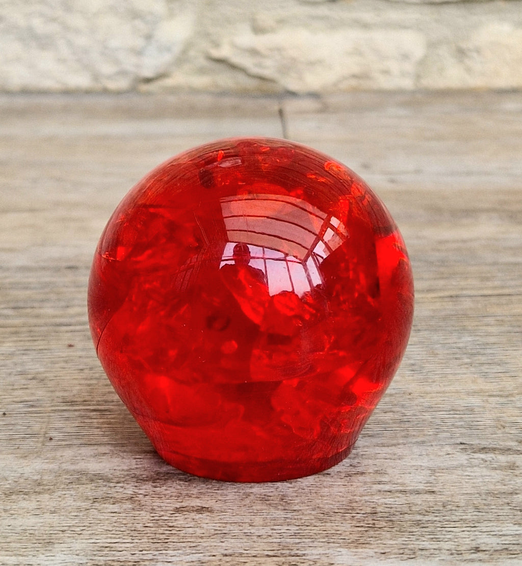 Vintage 1960s Shattaline Resin Orb Paperweight Bright Red Fractured Ice Mid Century Desk Ornament