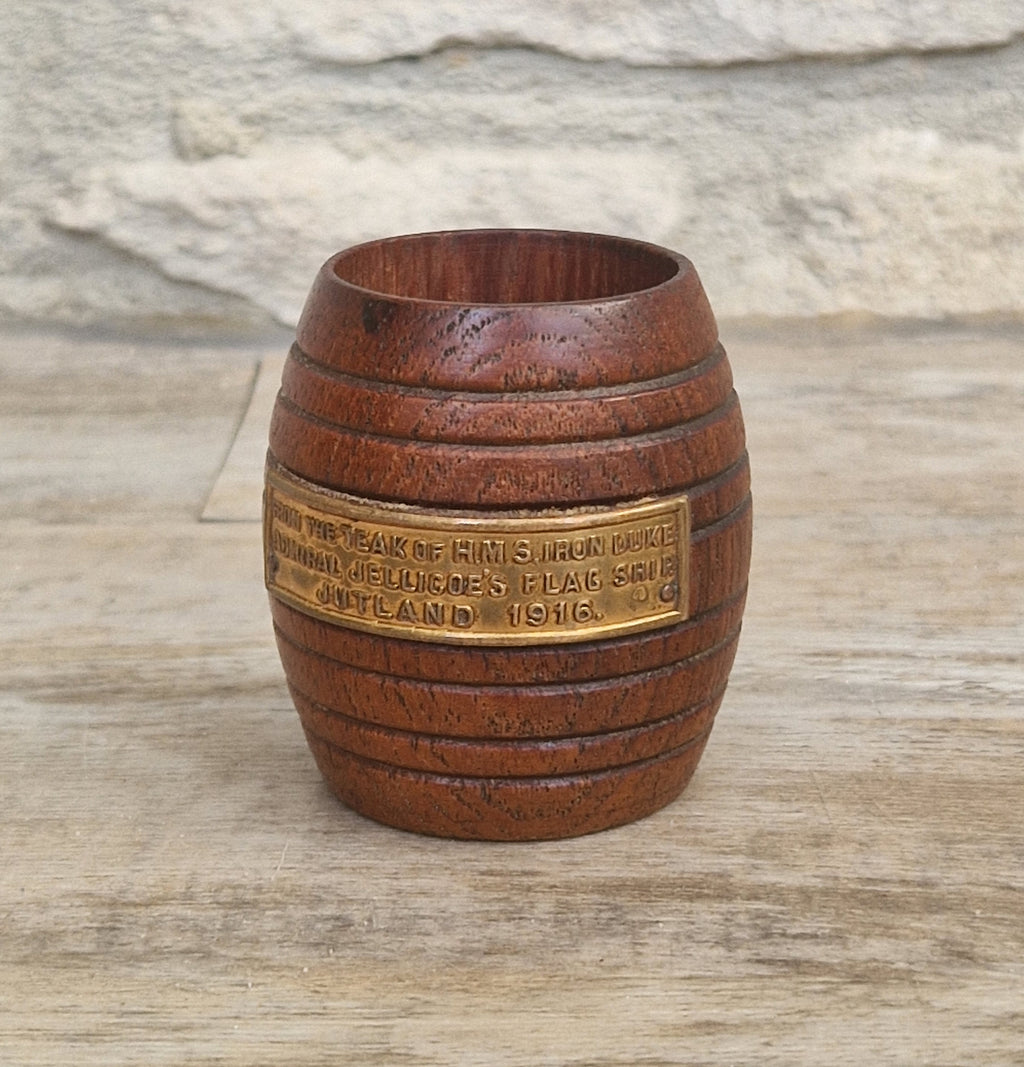HMS Iron Duke Teak Barrel WWI Battle of Jutland Maritime Relic Admiral Jellicoe Flagship Souvenir Treen Match Holder Vesta