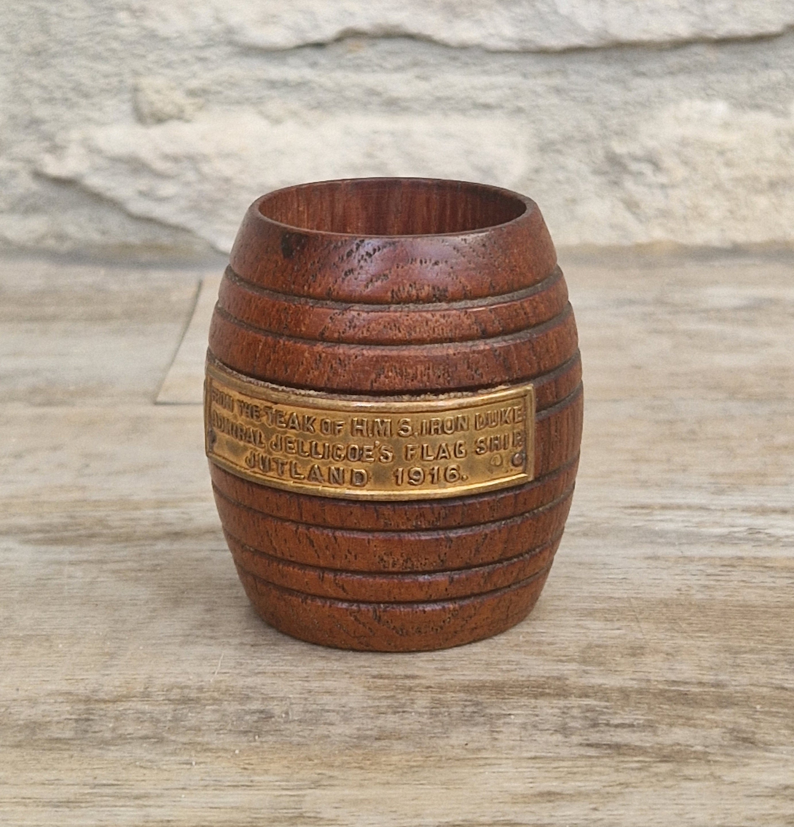HMS Iron Duke Teak Barrel WWI Battle of Jutland Maritime Relic Admiral Jellicoe Flagship Souvenir Treen Match Holder Vesta