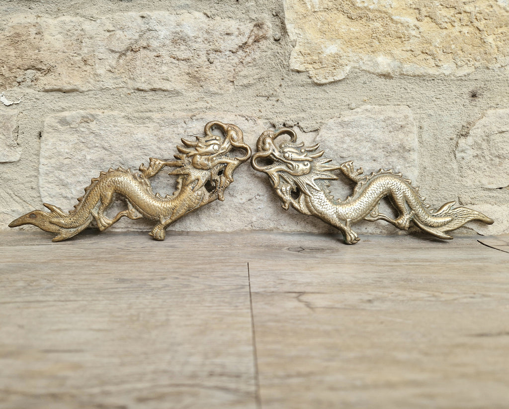 Pair Of Antique Heavy Cast Brass Chinese Dragons Wall Decoration or Door Pulls 22cm
