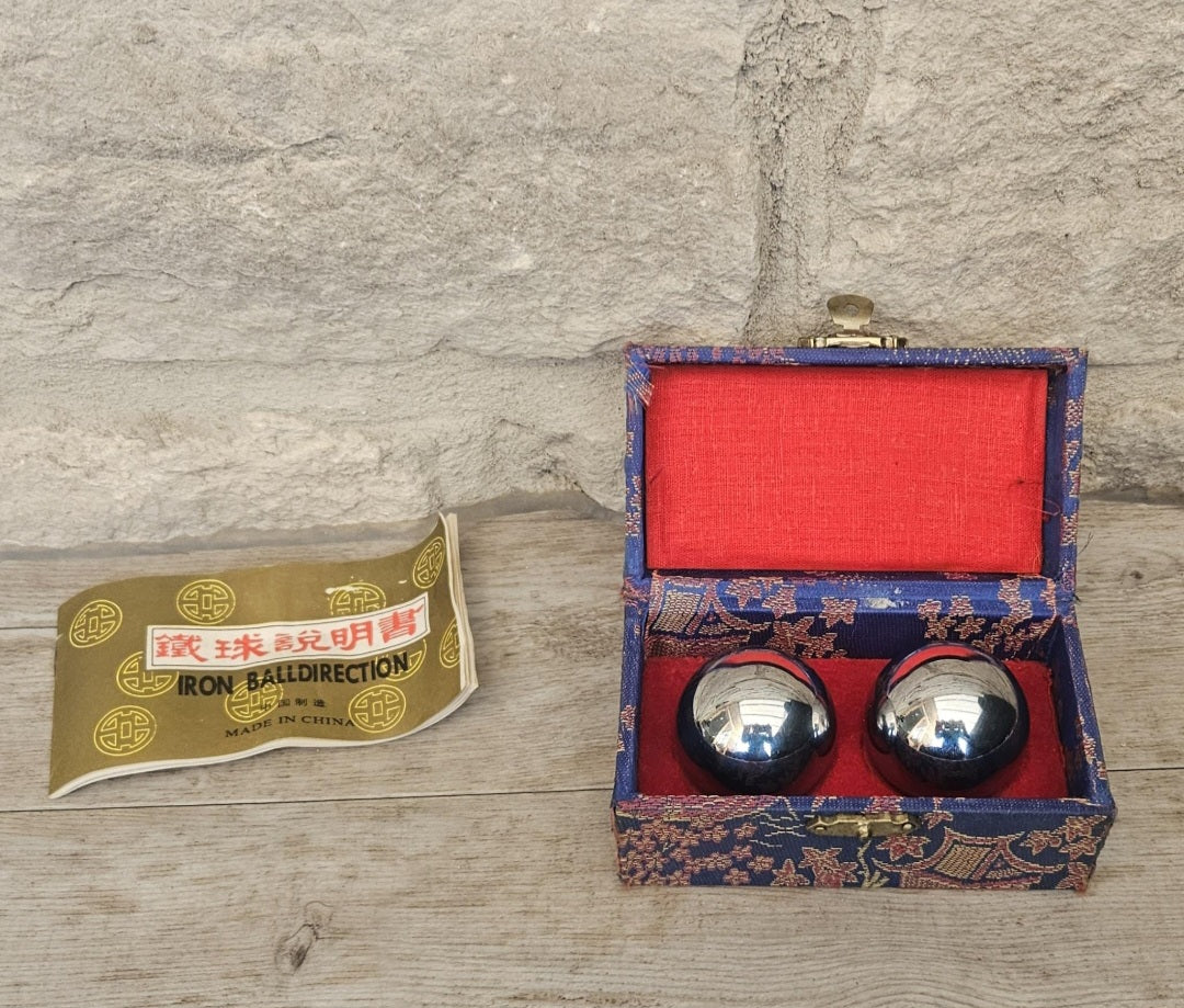 Vintage Boading Balls with Chimes Boxed Hand Therapy Stress Relief Exercise Meditation Healing Set Pair