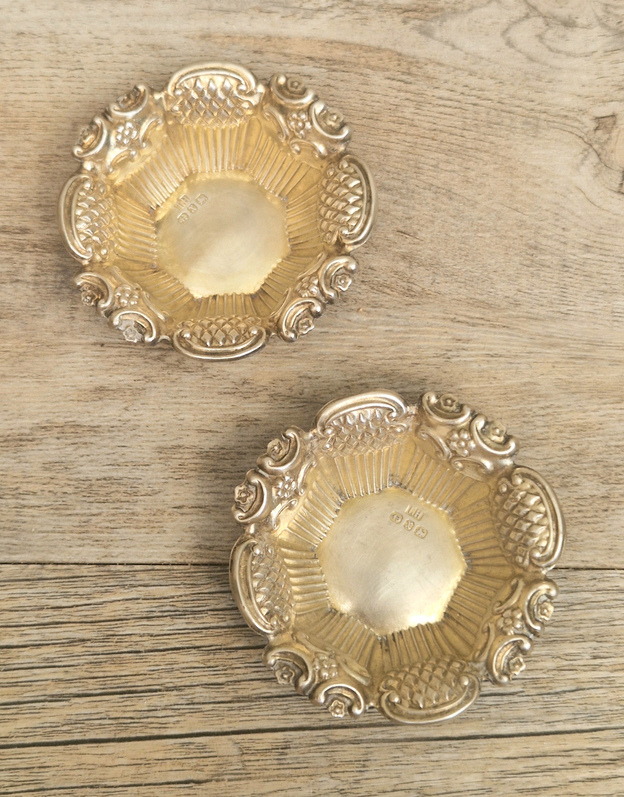 2 x 1897 Sterling Silver Ornate Open Salts by Thomas Hazlewood Birmingham England Antique
