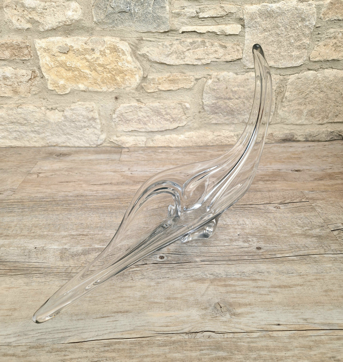 Vintage Art Vannes France Signed Lead Crystal Centerpiece | 1950s Mid Century Modern Biomorphic Freeform Sculptural Glass Bowl