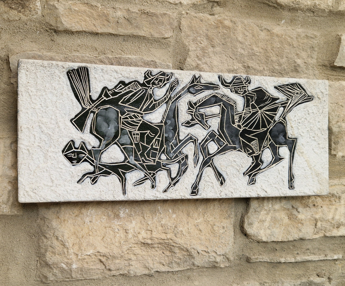 Mid-Century Italian Ceramic Art Plaque Warriors On Horseback Glazed Textured Art