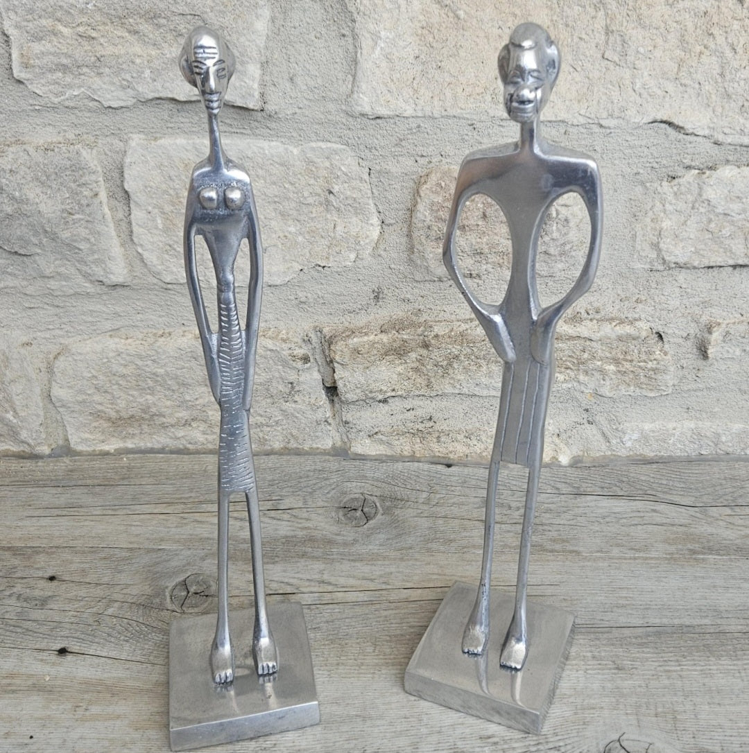 2 Aluminium Dogon Style Brass Art Figure Tall Skinny African Elongated Man 31cm Tall Lightweight