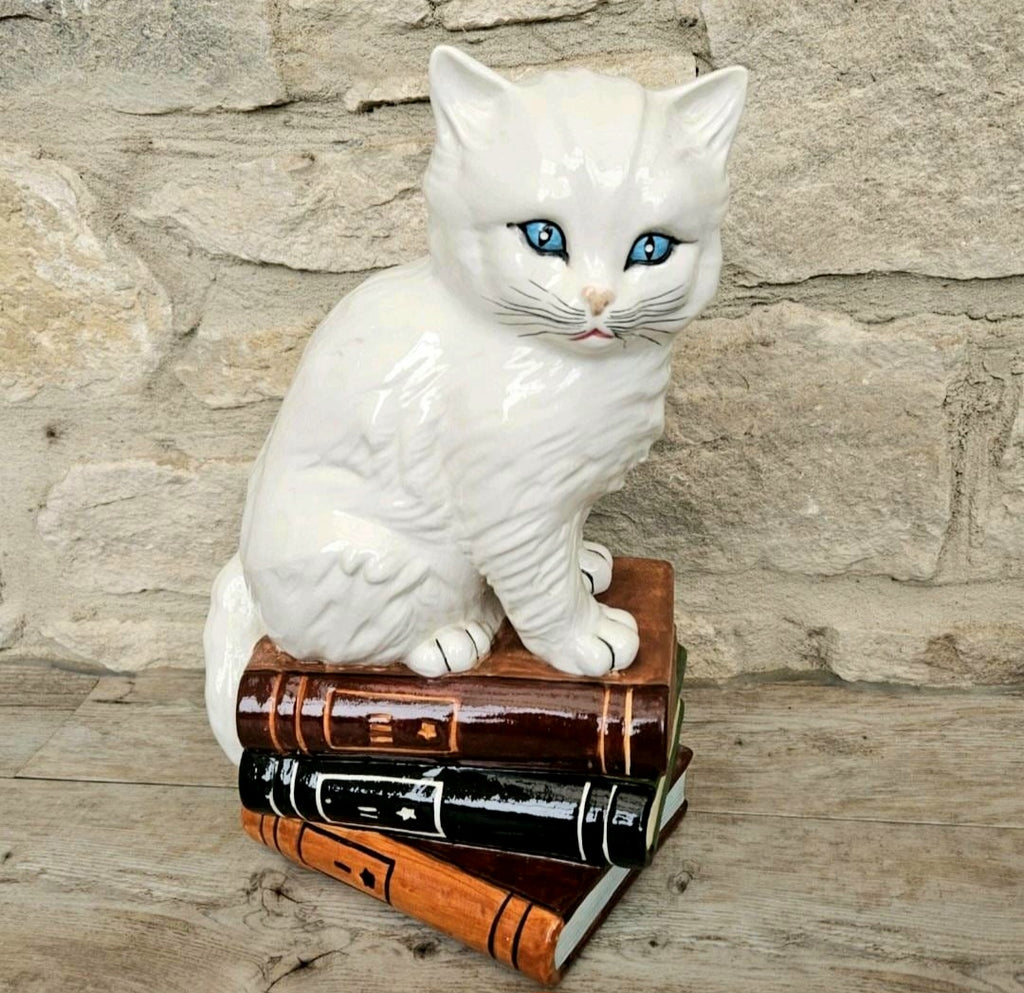Vintage Italian White Cat Figurine Ornament Sitting on Books Ceramic Figure 11.5 lnch Tall