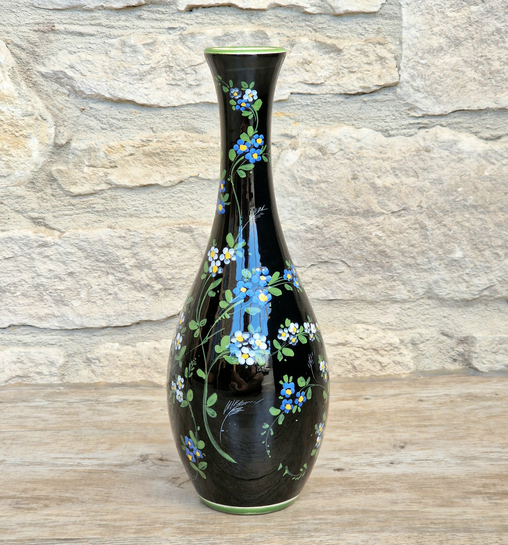 Marmaca San Marino Vase Art Ceramic Black Floral Amphora Tall Bottle Vase 1950's