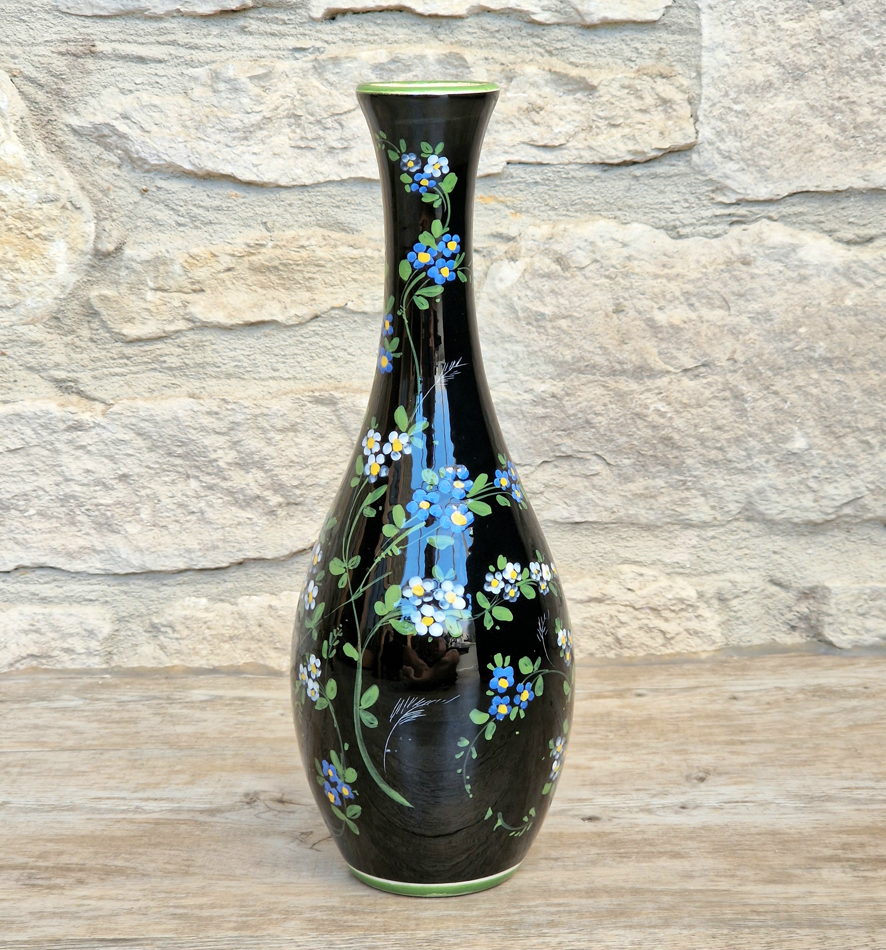 Marmaca San Marino Vase Art Ceramic Black Floral Amphora Tall Bottle Vase 1950's
