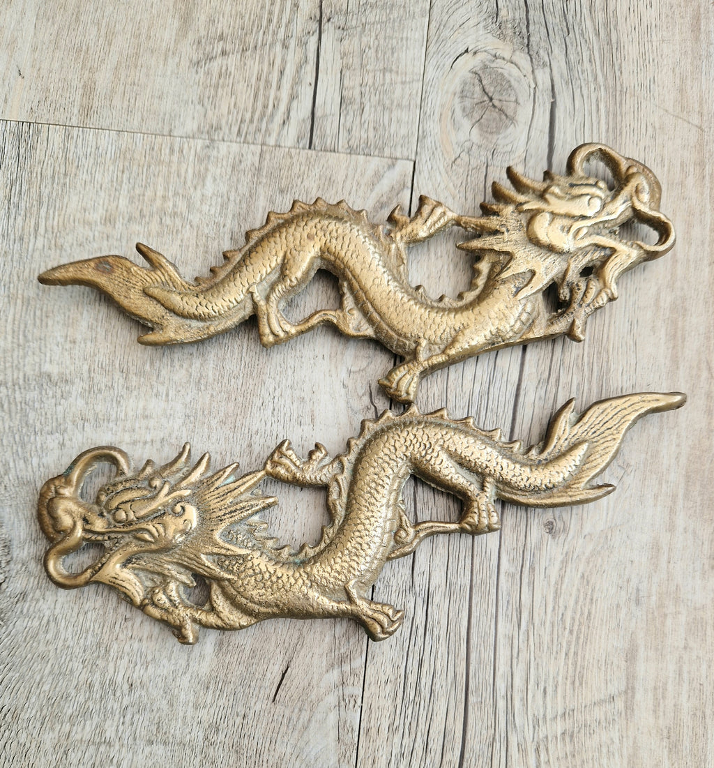 Pair Of Antique Heavy Cast Brass Chinese Dragons Wall Decoration or Door Pulls 22cm