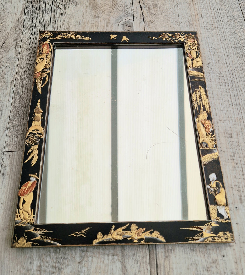 Antique Edwardian Chinoserie Black & Gilt Japanned Rectangular Wall Mirror