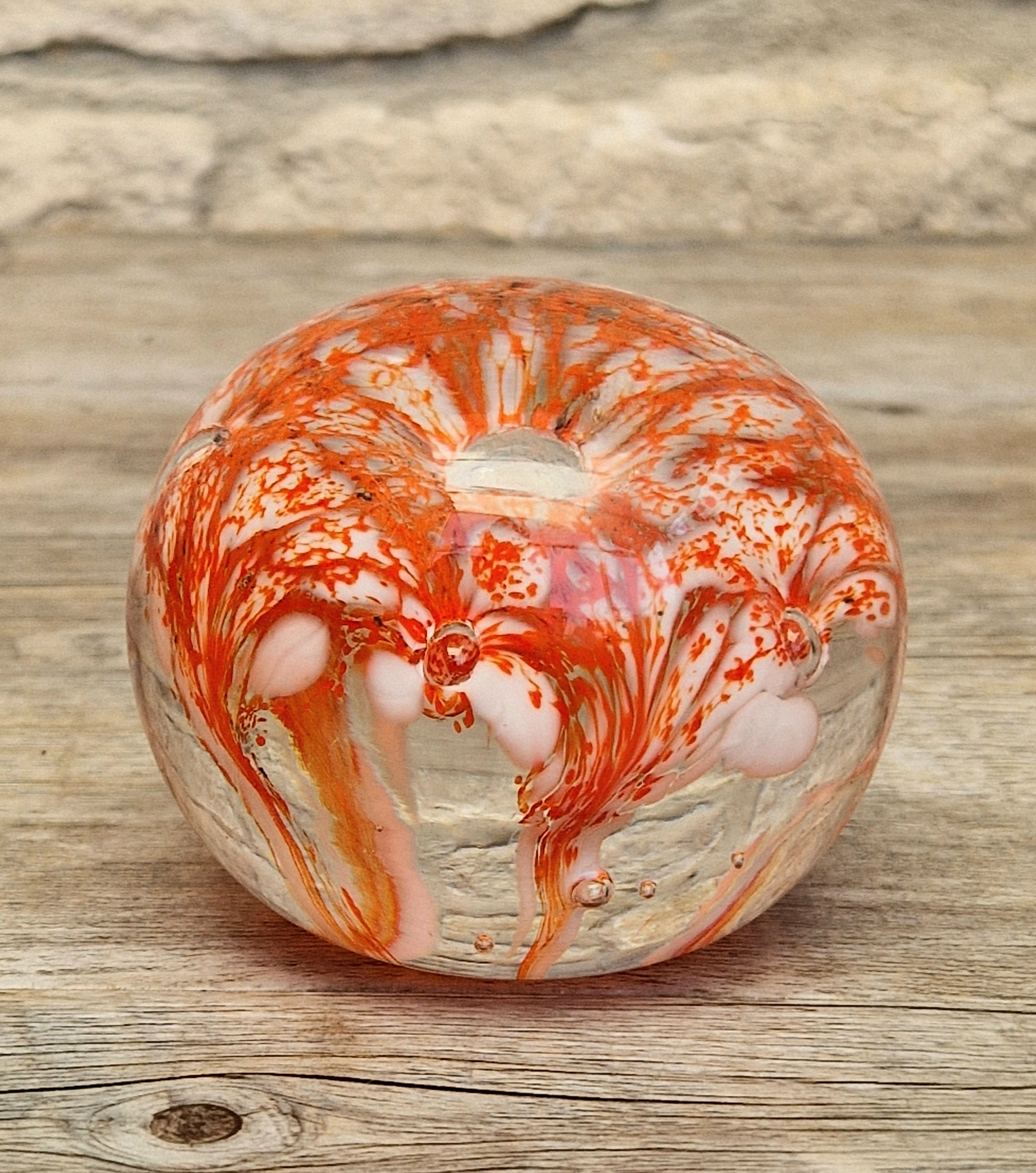 Vintage Rare Liskeard Glass Cornwall Orange & White Bubble Sphere Paperweight 1975