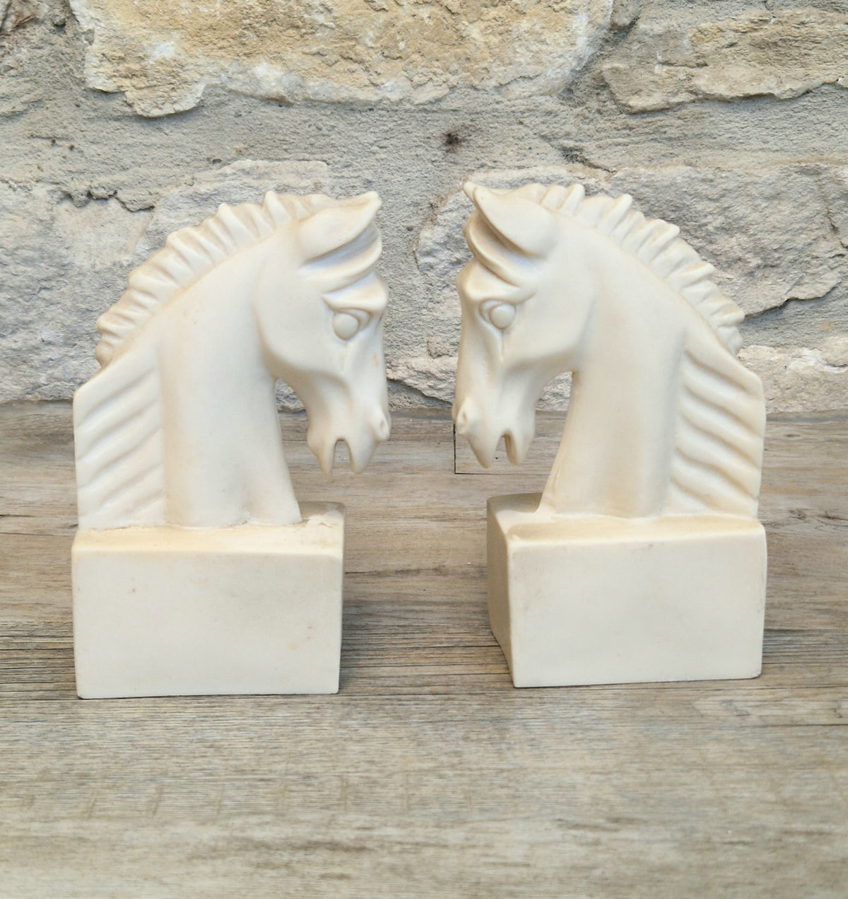 Vintage Continental White Stallion Horse Head Resin Book Ends Ornaments