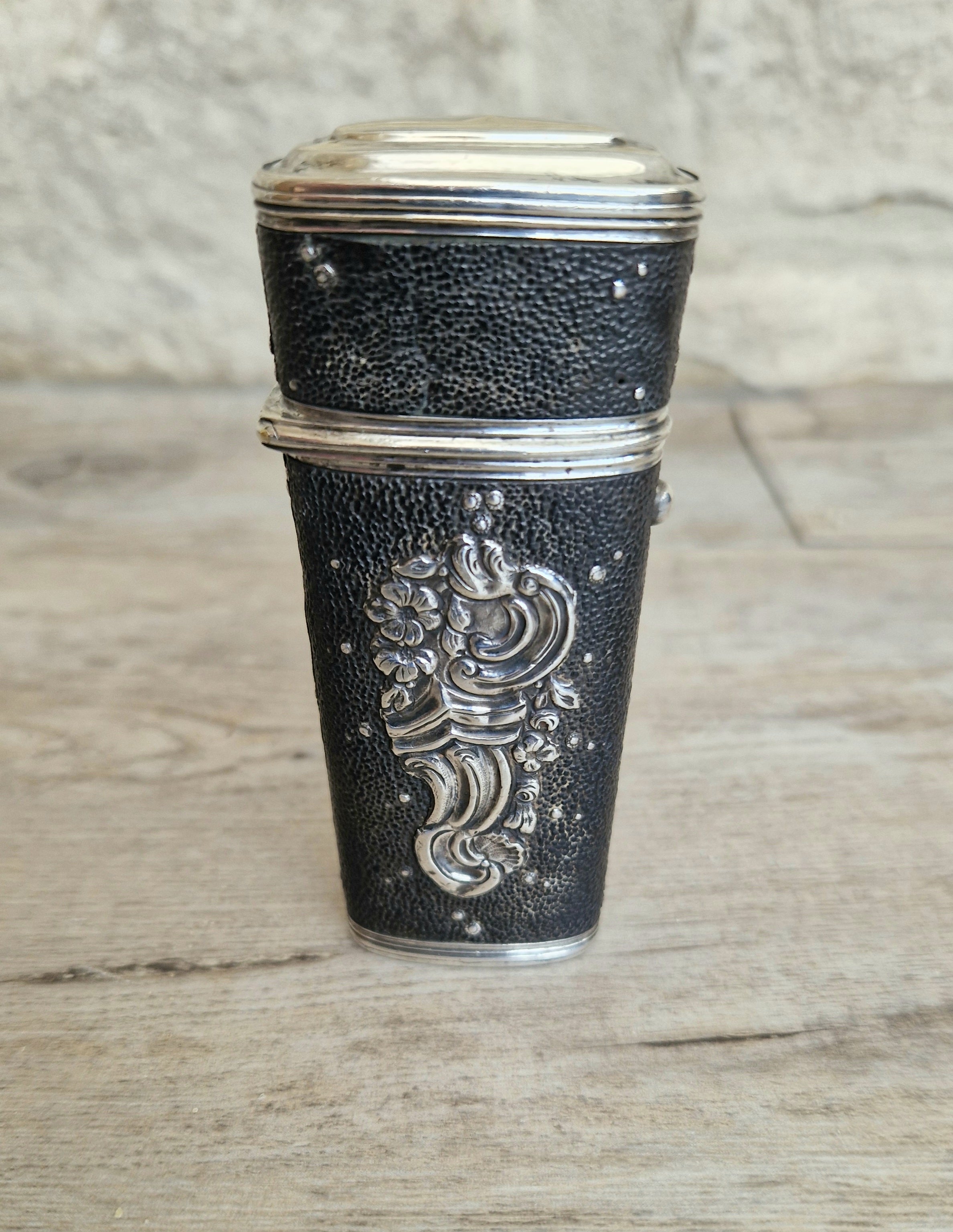 18th Century Etui French Black Shagreen & Silver Necessaire Case Rare Early Example